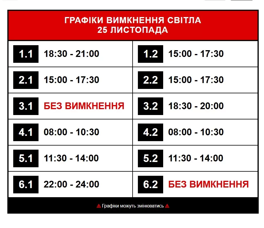 графік вимкнення світла