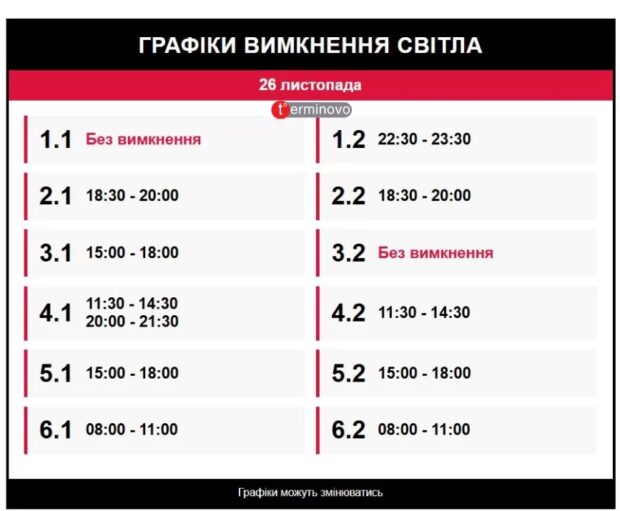 графіки вимкнення світла на 26 листопада