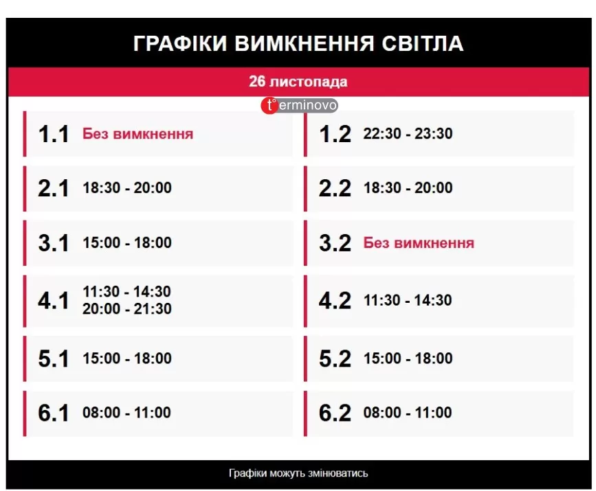 графіки вимкнення світла на 26 листопада