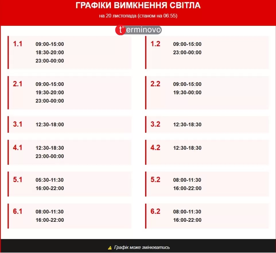 Графіки вимкнення світла на 20 листопада