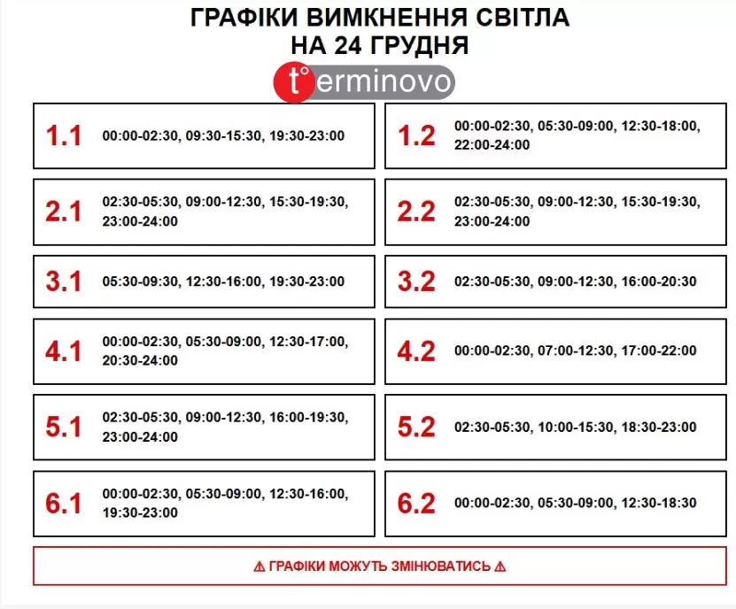 графіки вимкнення світла на 24 грудня
