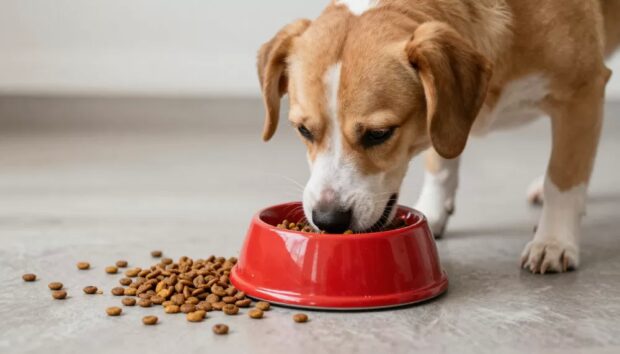 собака їсть корм